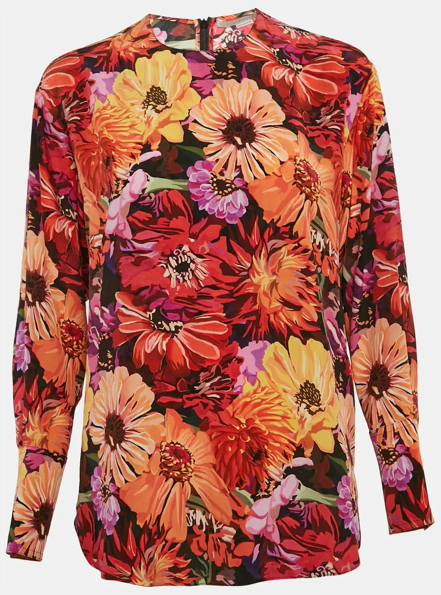 Stella McCartney Red Poppy Print Silk Long Sleeve Blouse S