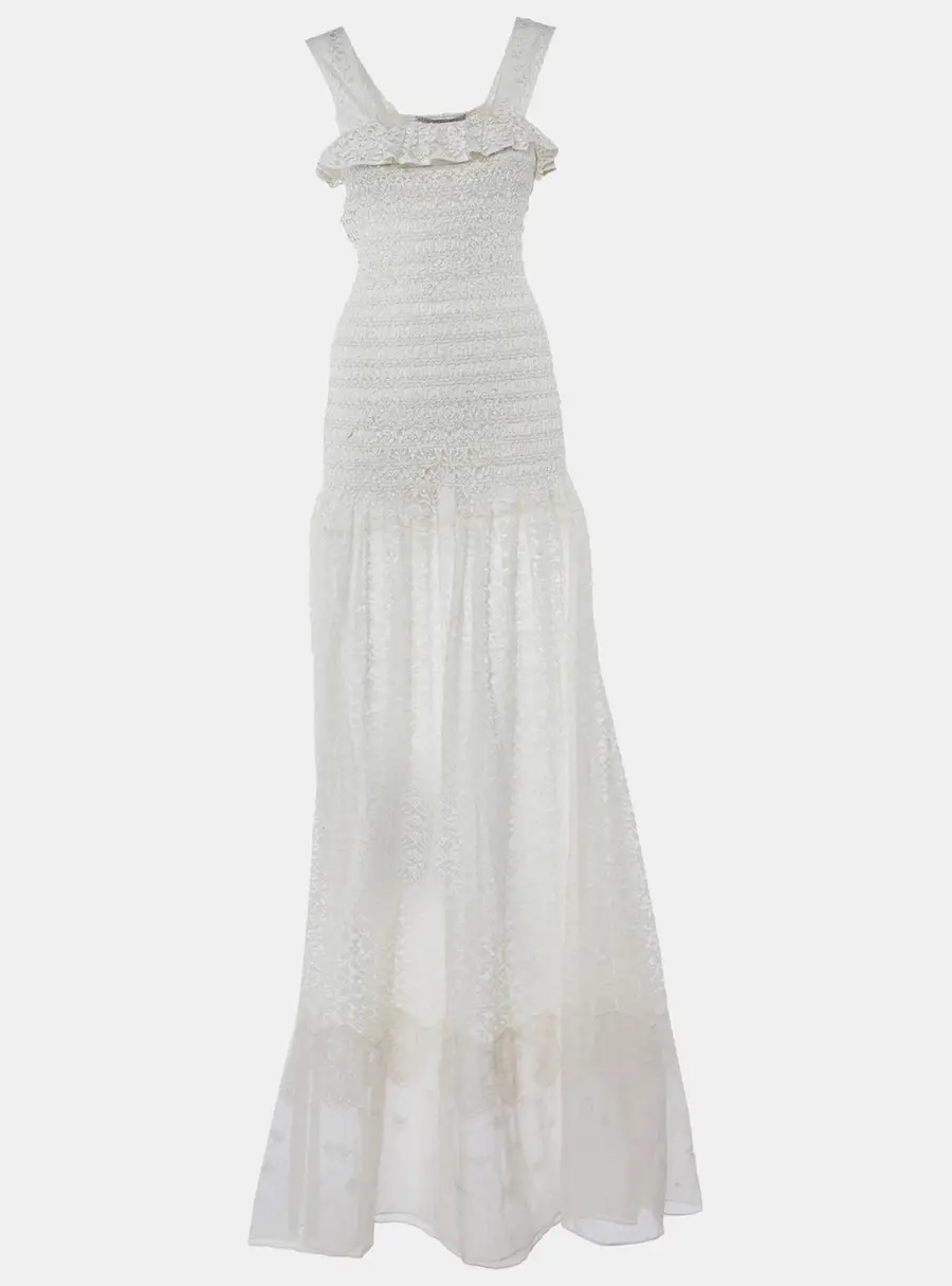 Stella McCartney Off-White Lace Sleeveless Smocked Long Dress S