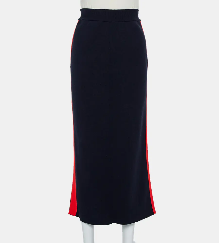 Stella McCartney Navy Blue Cotton Knit Contrast Stripe Panel Detail Midi Skirt M