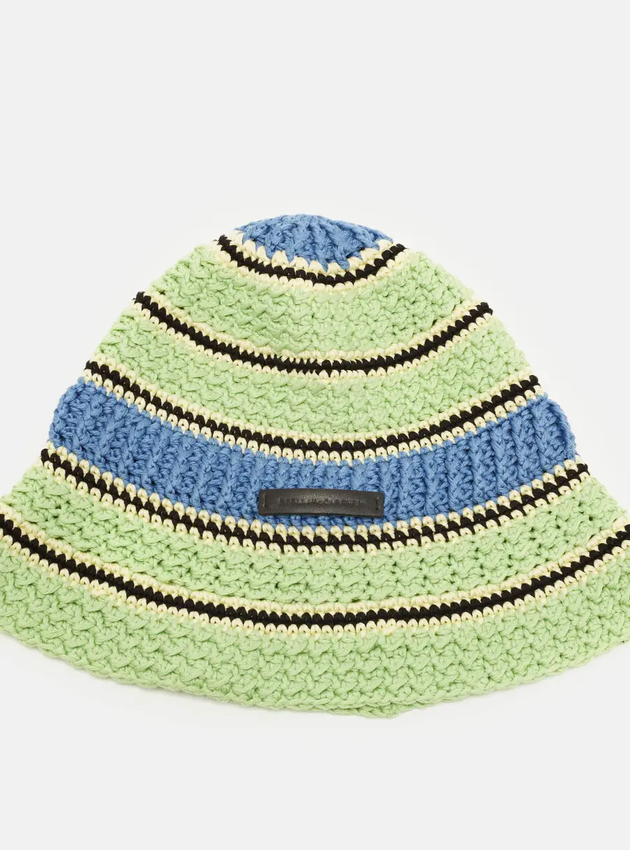 Stella McCartney Green Striped Crochet Cotton Bucket Hat Size 58