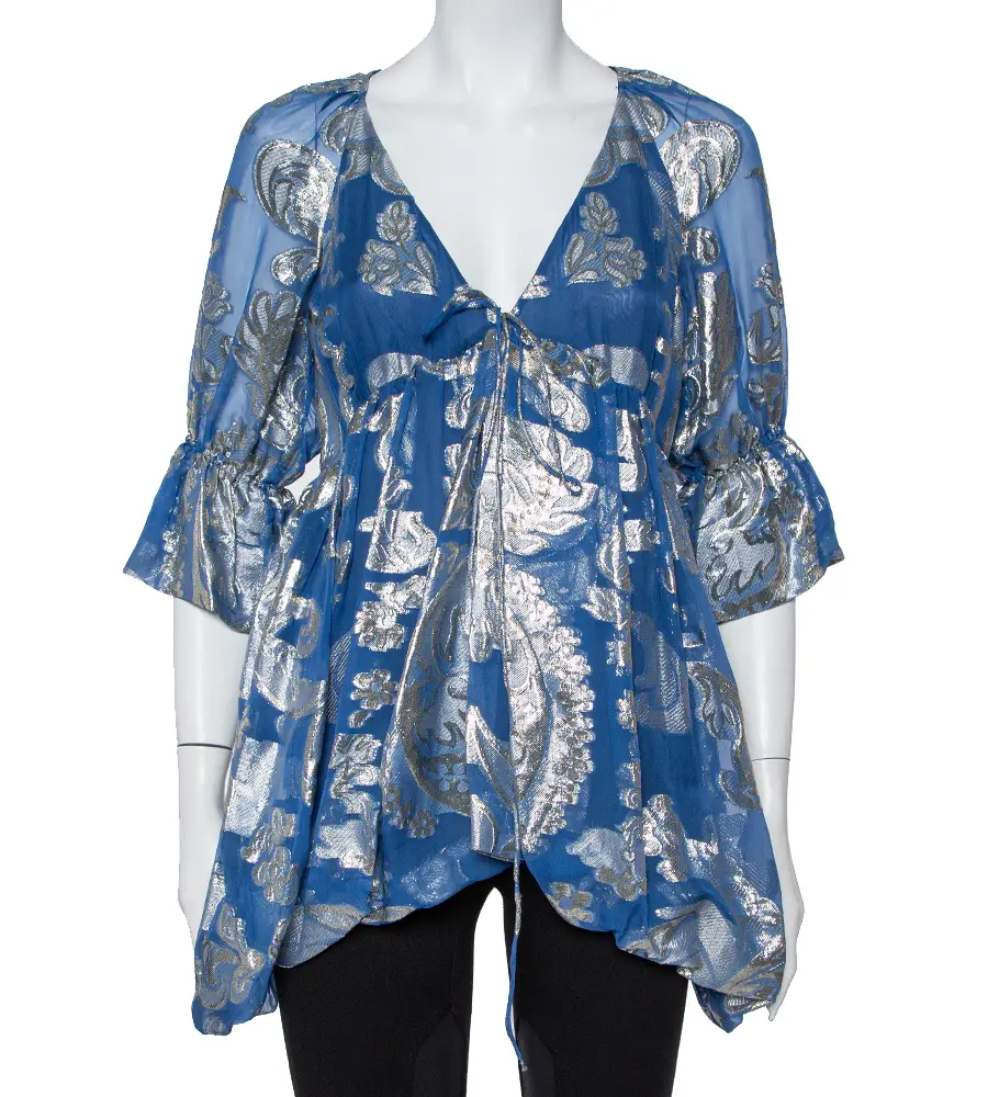 Stella McCartney Blue Floral Lamé Asymmetrical Hem Top M