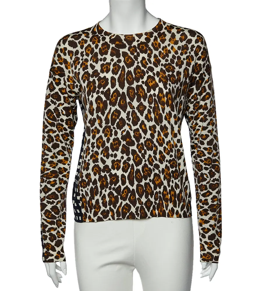 Stella McCartney White Leopard And Check Print Wool Long Sleeve Sweater M