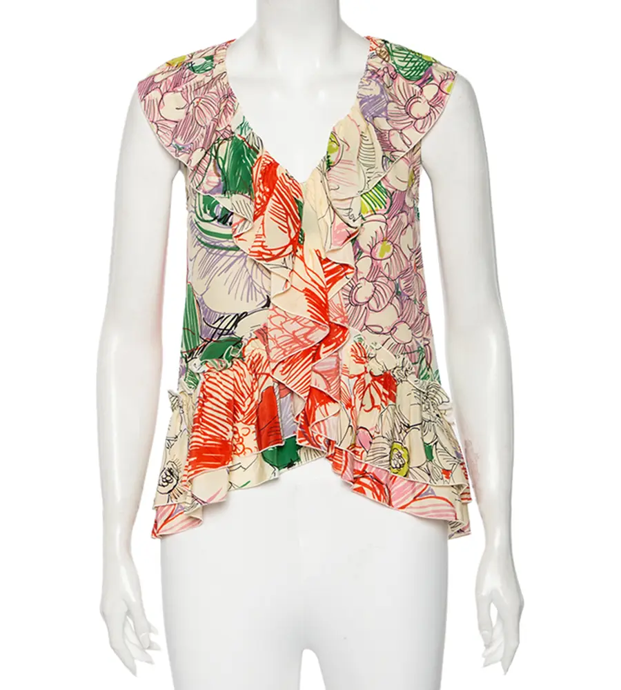 Stella McCartney Multicolored Floral Printed Silk Ruffled Sleeveless Top S