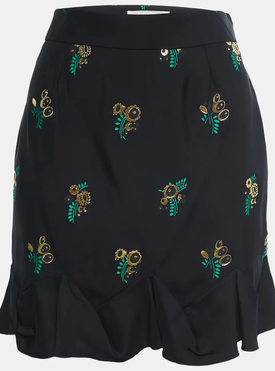 Stella McCartney Black Patterned Crepe Ruffle Trimmed Skirt S