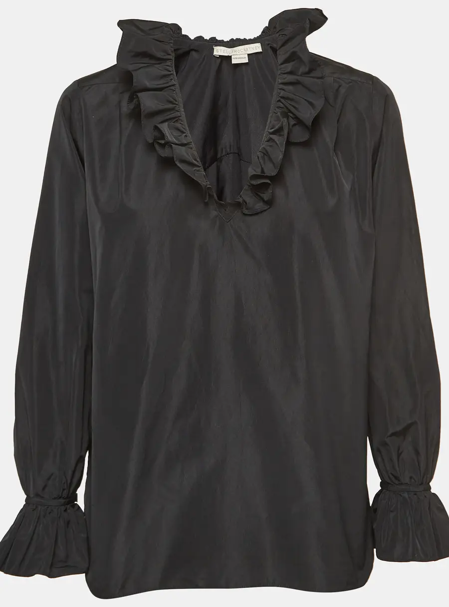 Stella McCartney Black Silk Blend Crepe Ruffled V Neck Top S