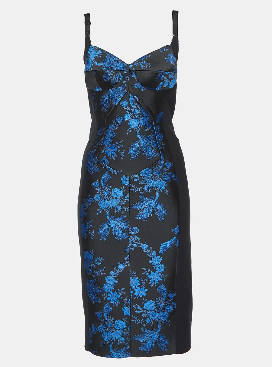 Stella McCartney Black Stretch Crepe Floral Jacquard Paneled Bustier Midi Dress S