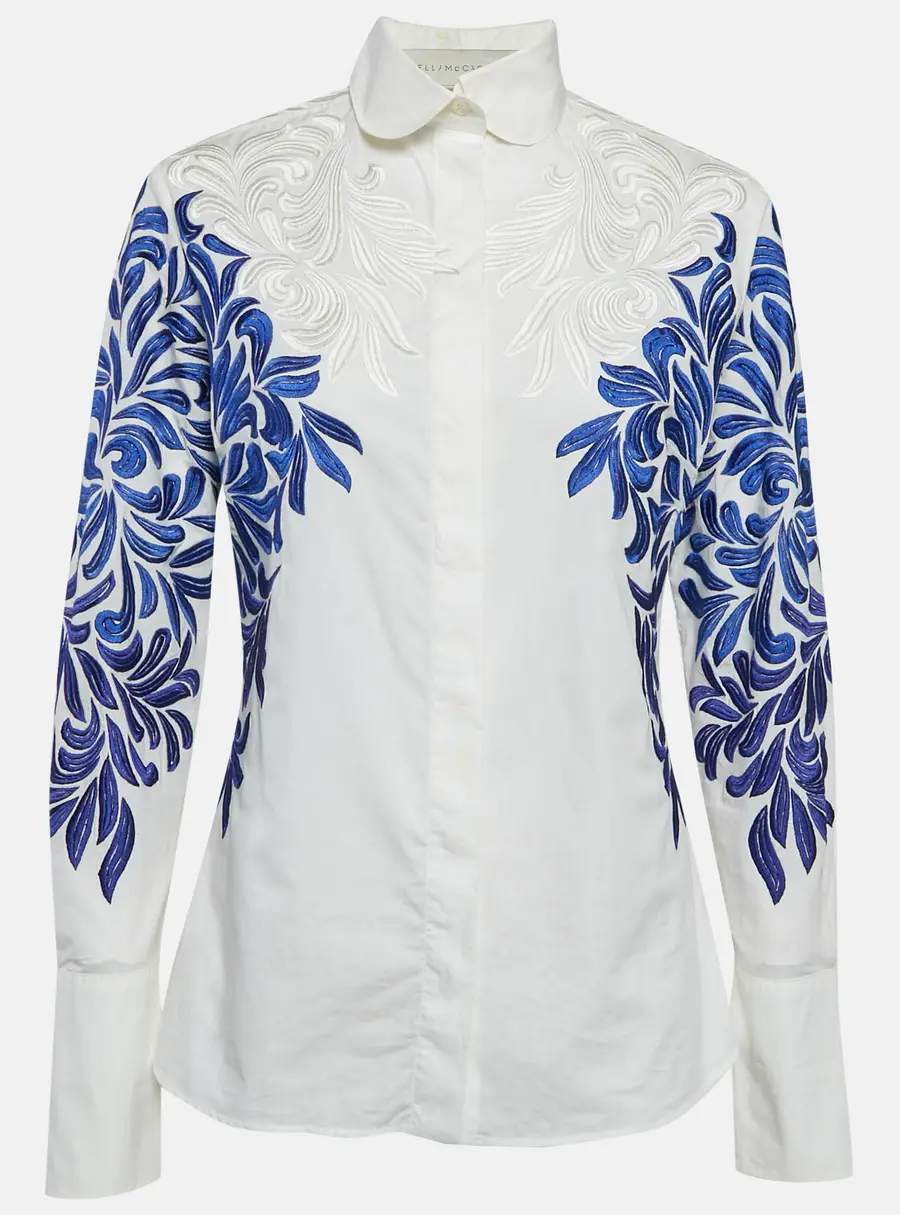 Stella McCartney White/Blue Embroidered Cotton Long Sleeve Shirt S