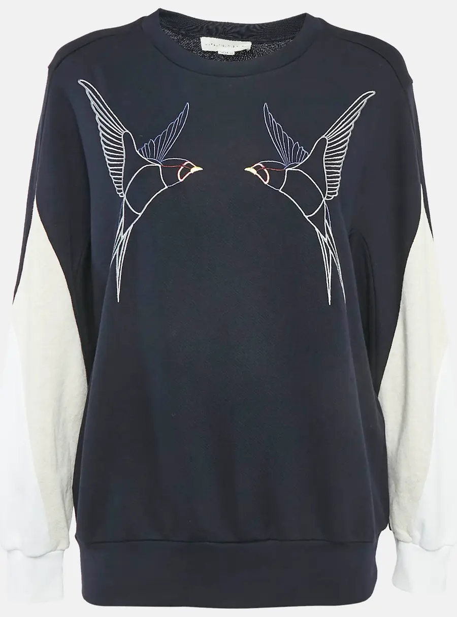 Stella McCartney Navy Blue Swallow Embroidered Cotton Knit Crewneck Sweatshirt S