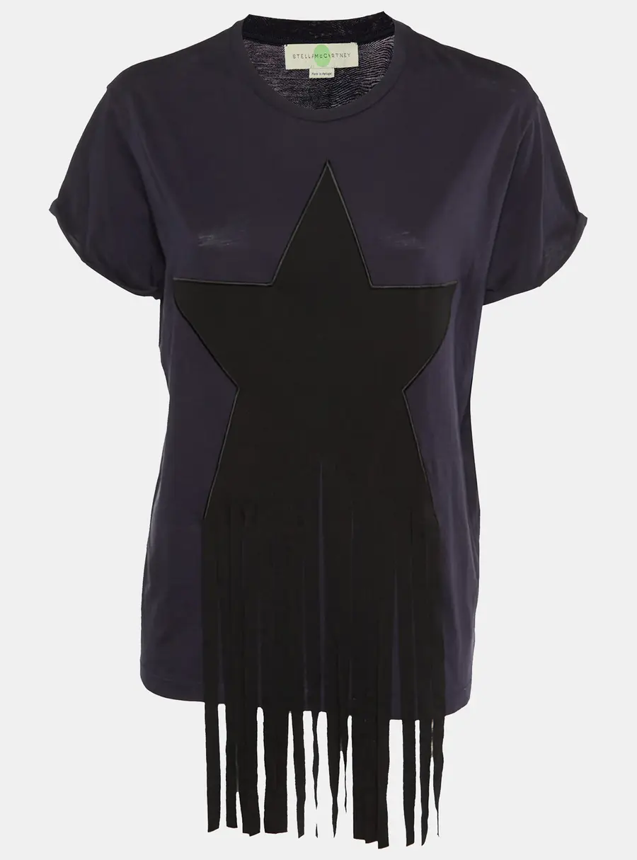 Stella McCartney Navy Blue Cotton Knit Stra Fringed T-Shirt M