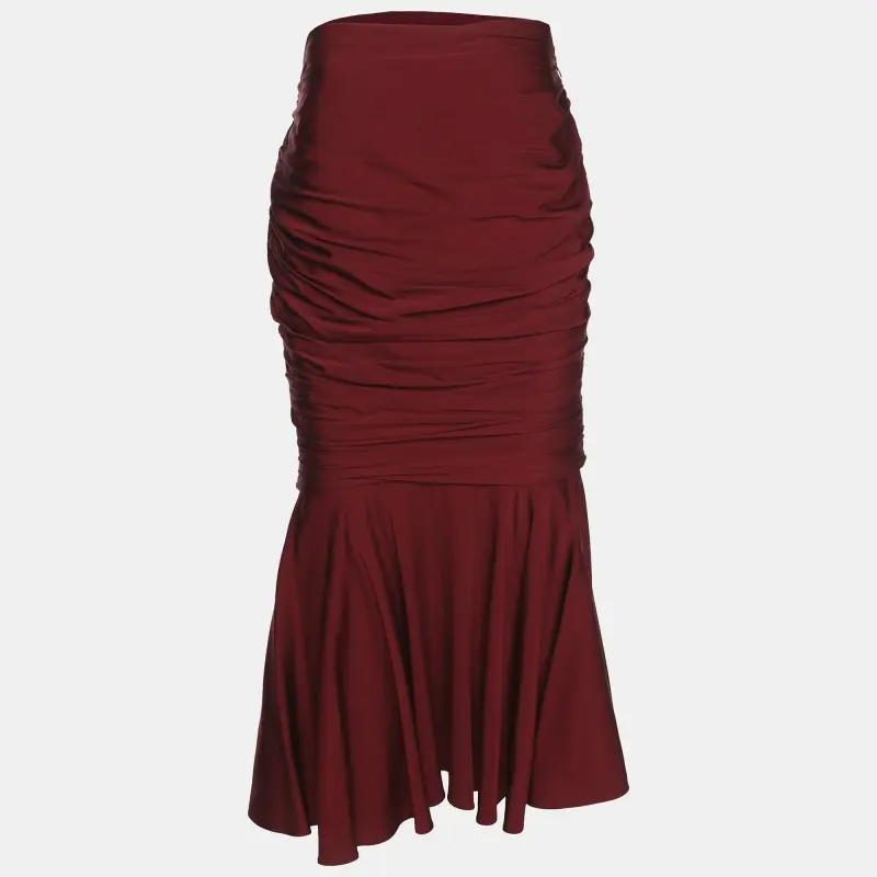 Stella McCartney Burgundy Ruched Satin Midi Skirt M