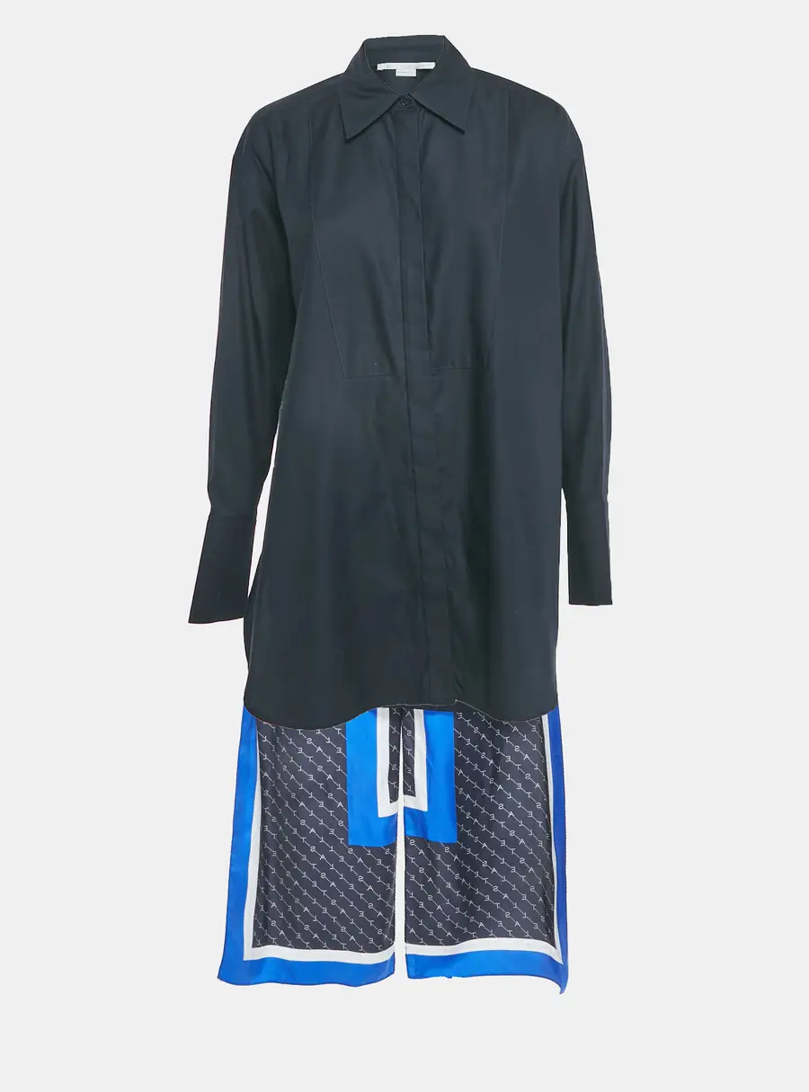 Stella McCartney Navy Blue Printed Silk Button Front Long Tail Detail Shirt XS