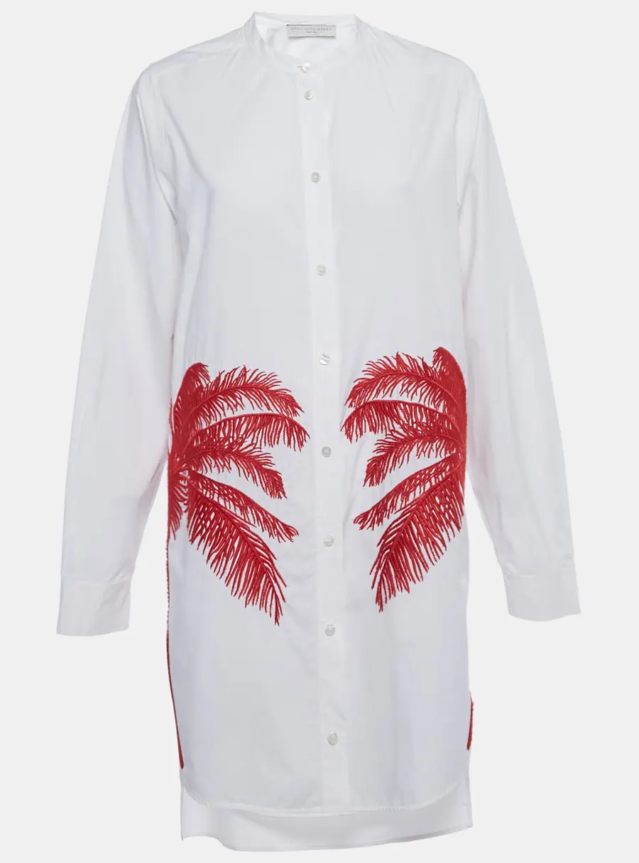Stella Mccartney White Erica Palm Tree Embroidery Cotton Long Shirt Dress M