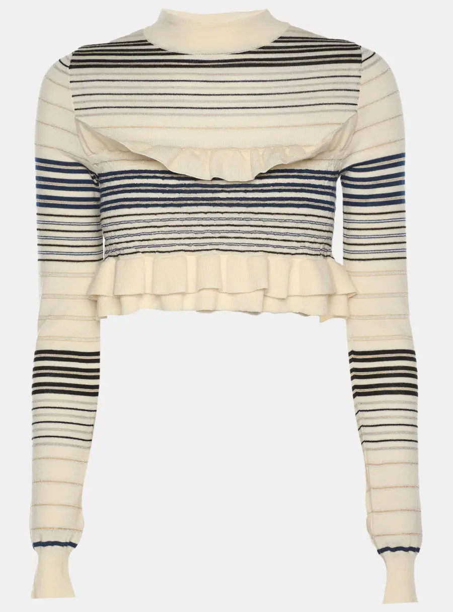 Stella McCartney Cream/Blue Striped Rib Knit Cropped Striped Frill Jumper S