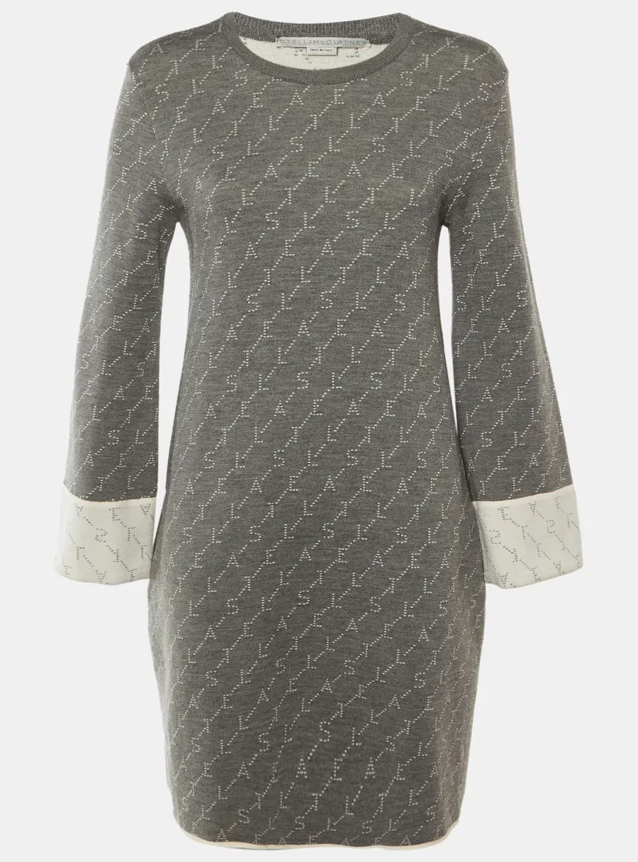 Stella McCartney Grey /Cream Logo Wool Knit Mini Dress M