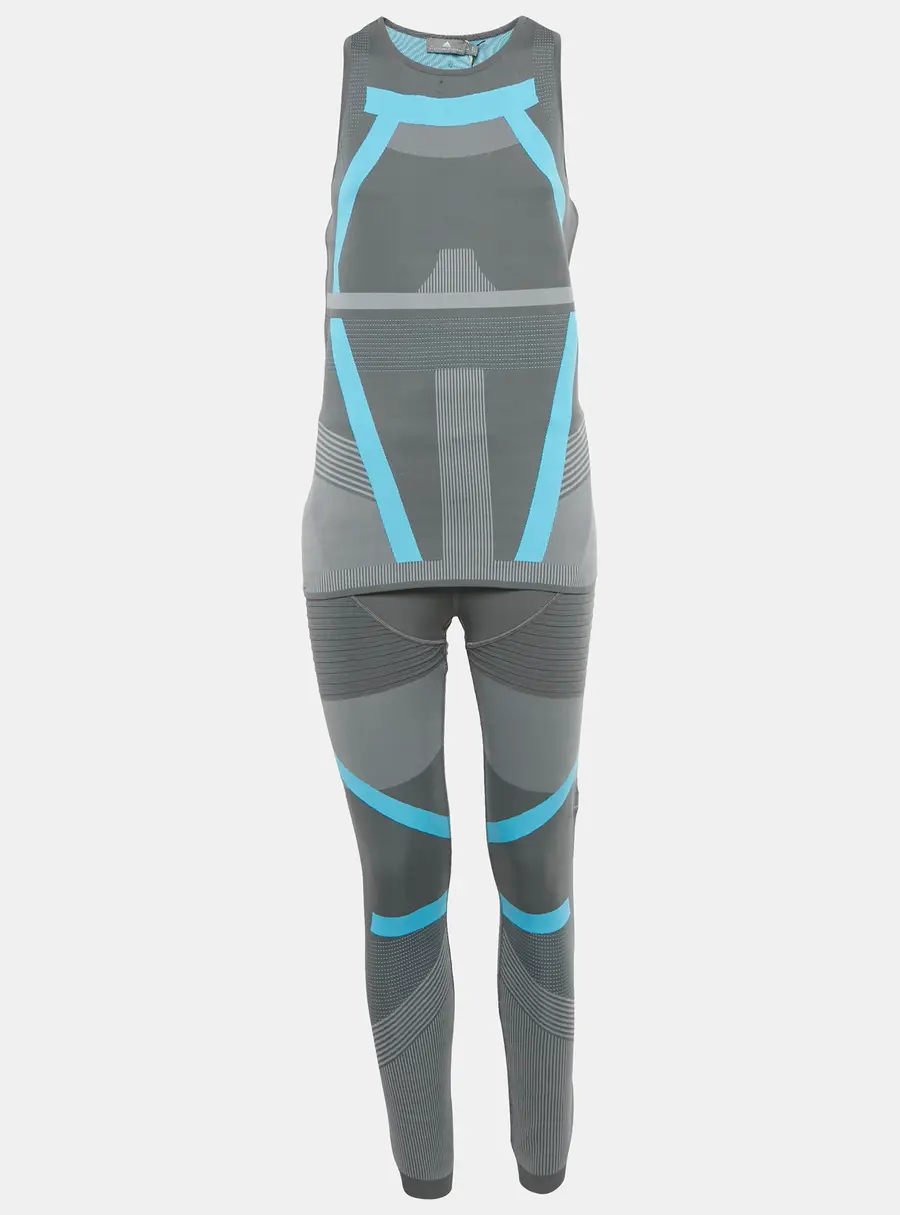 Stella McCartney X Adidas Grey /Blue Pattered Jersey Top & Leggings Active Wear Set L