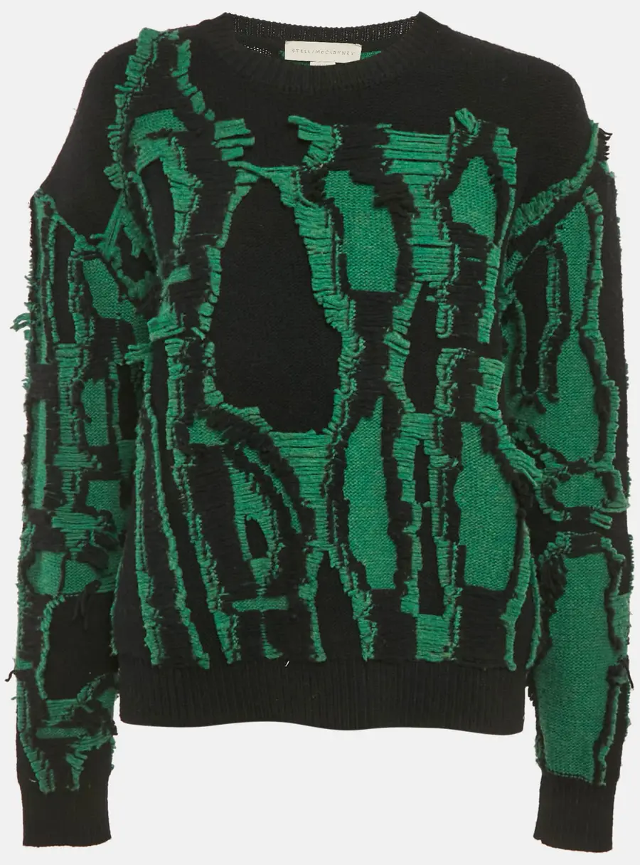 Stella McCartney Black/Green Frayed Knit Crewneck Sweater M