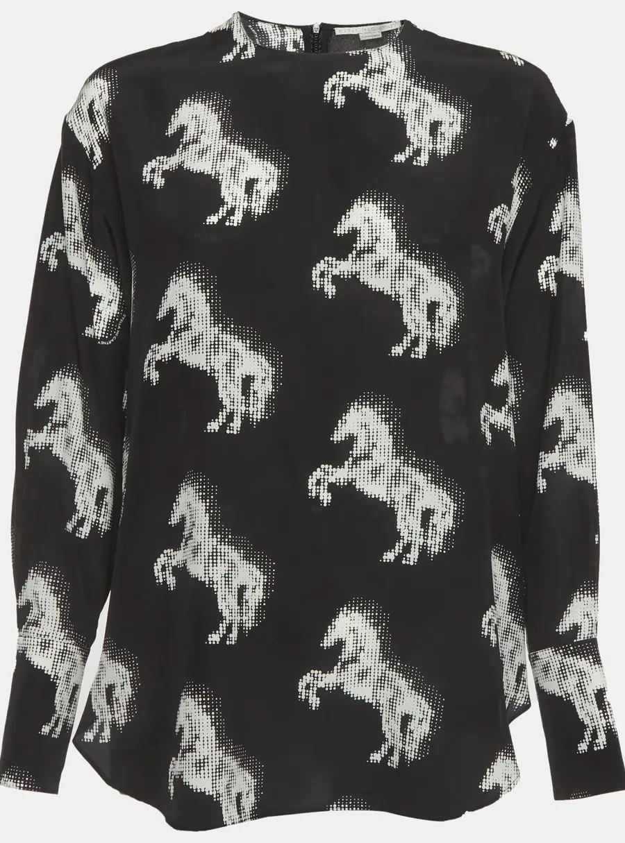 Stella McCartney Black Horse Print Silk Blouse M