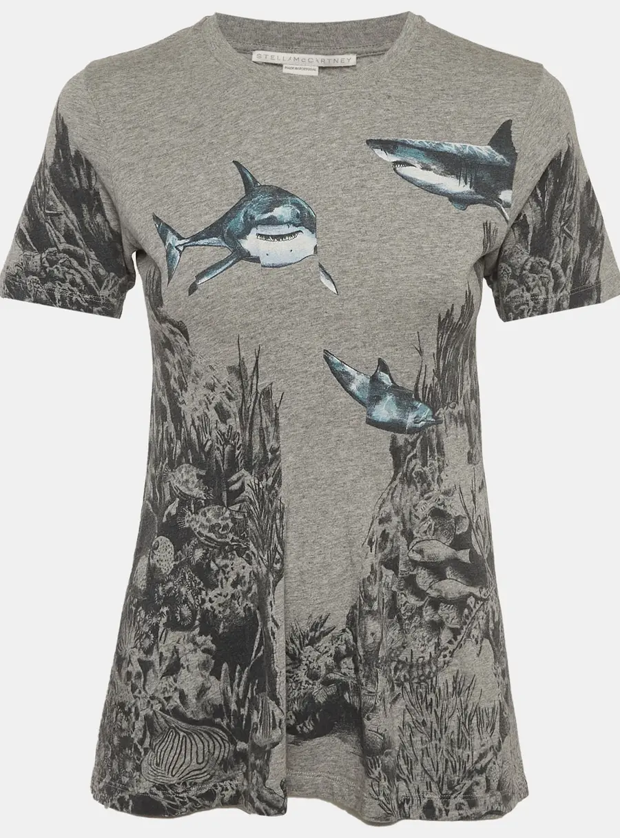Stella McCartney Grey Shark Print Cotton Knit Crew Neck T-shirt XS