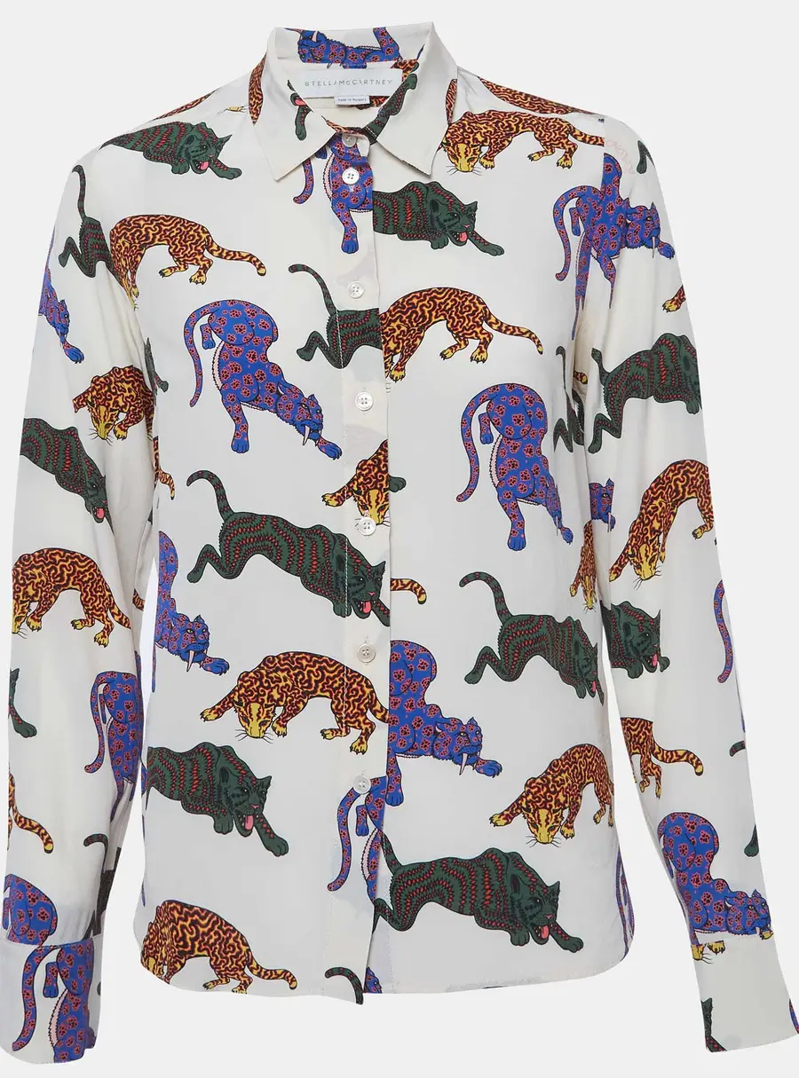 Stella McCartney Cream Cat Print Silk Long Sleeve Shirt S