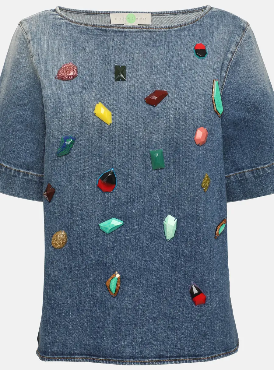 Stella McCartney Blue Denim Crystal Embellished Top S