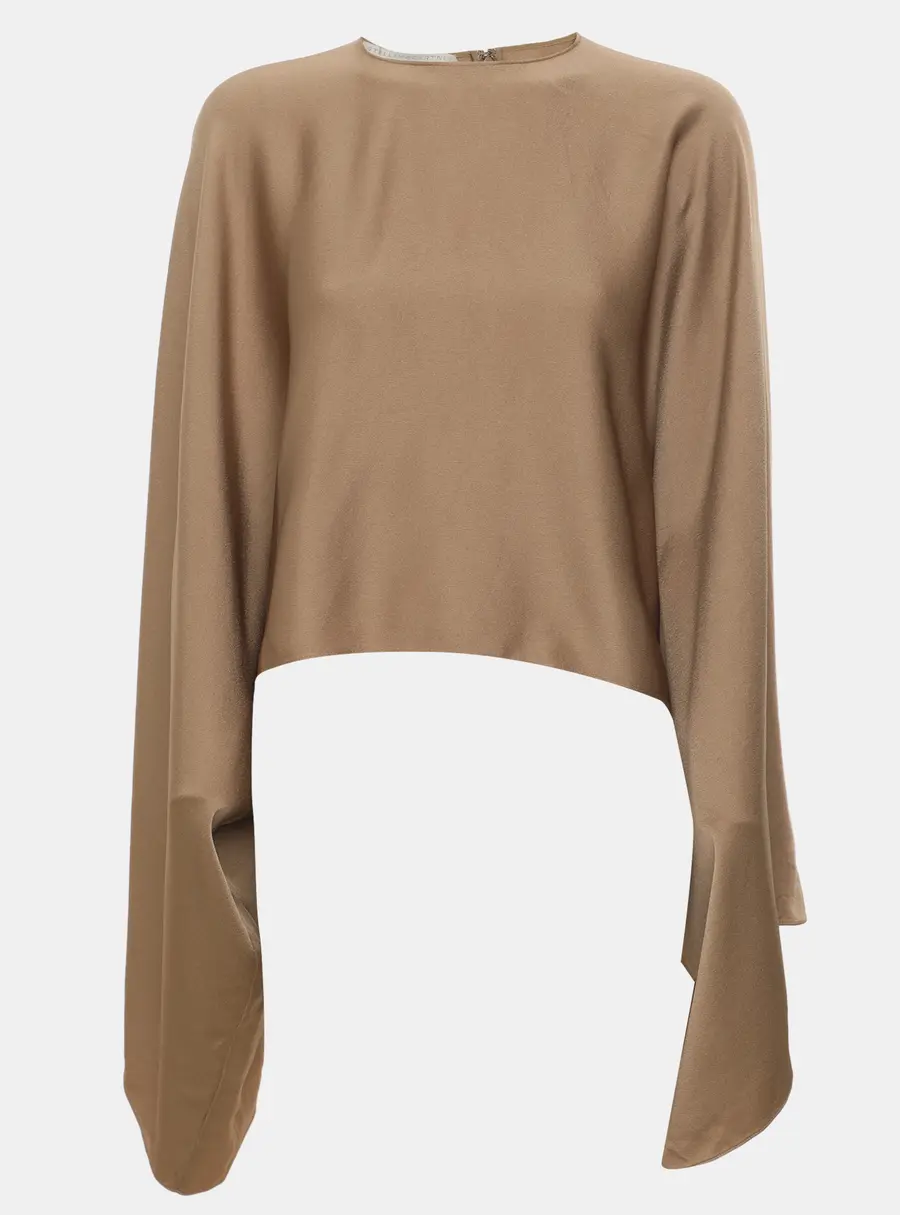 Stella McCartney Metallic Beige Satin Draped Sleeve Cropped Top