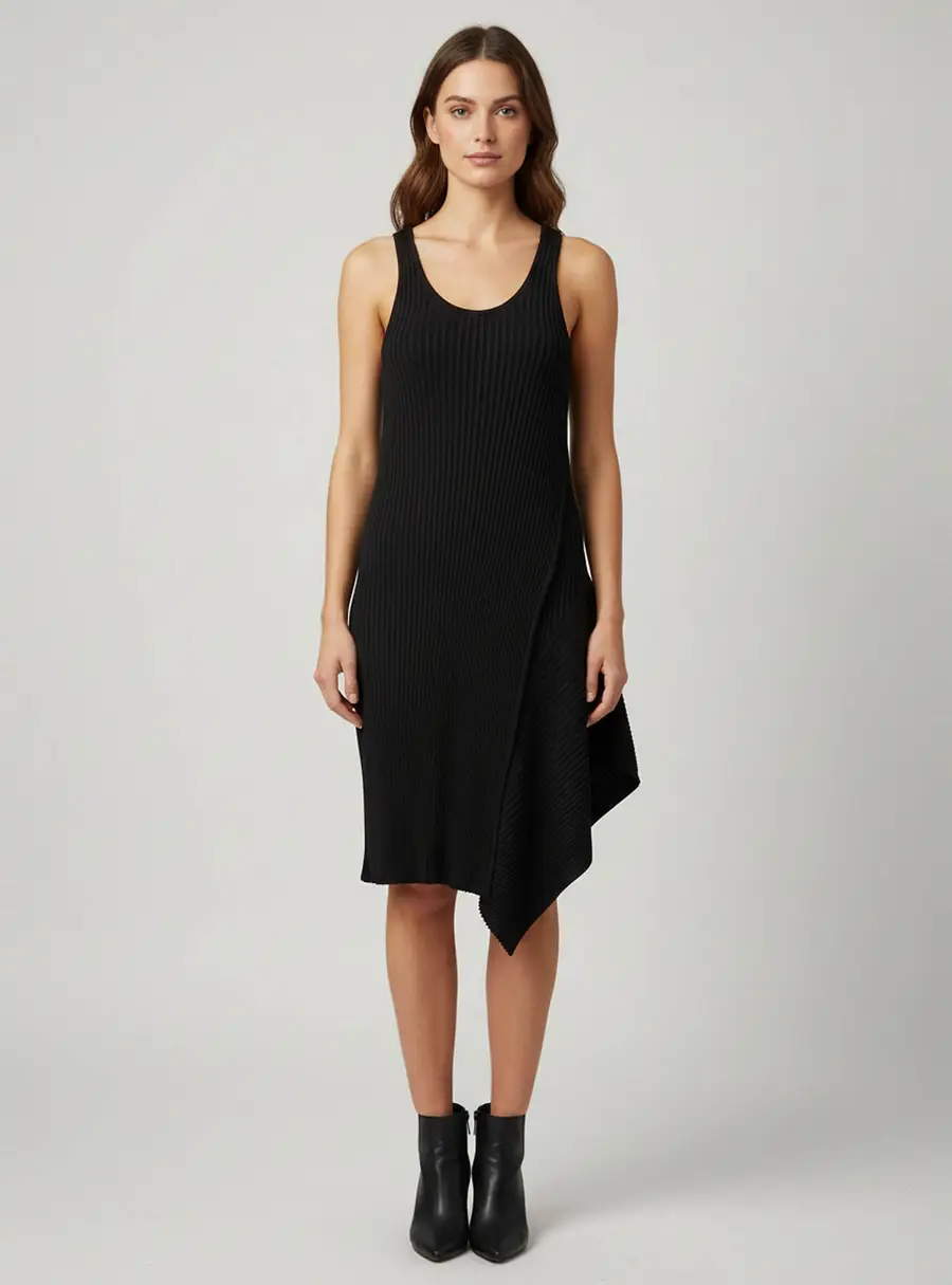 Stella McCartney Black Rib Knit Asymmetric Midi Dress S