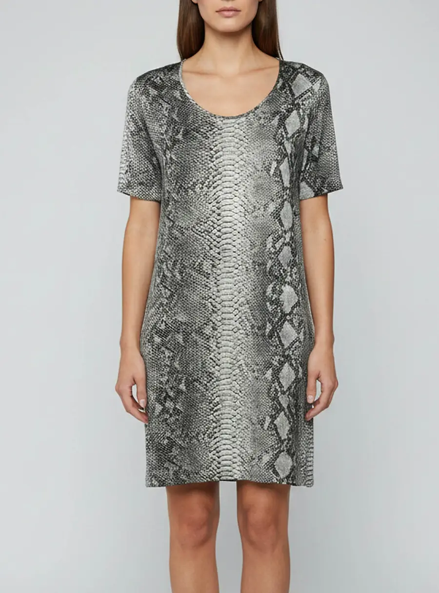 Stella McCartney Grey Snakeskin Print Satin Short Sleeve Tunic L