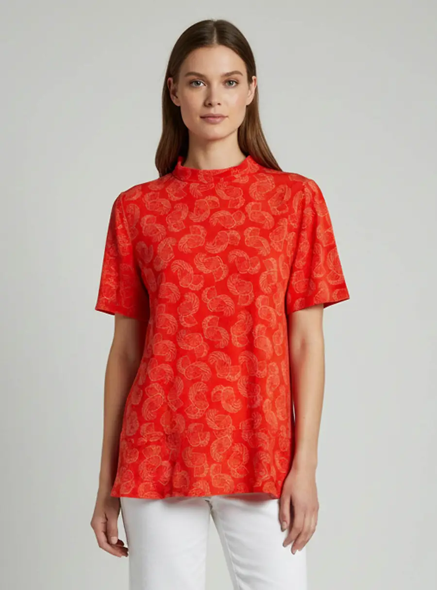 Stella McCartney Orange Floral Print Silk Mock Neck Blouse L