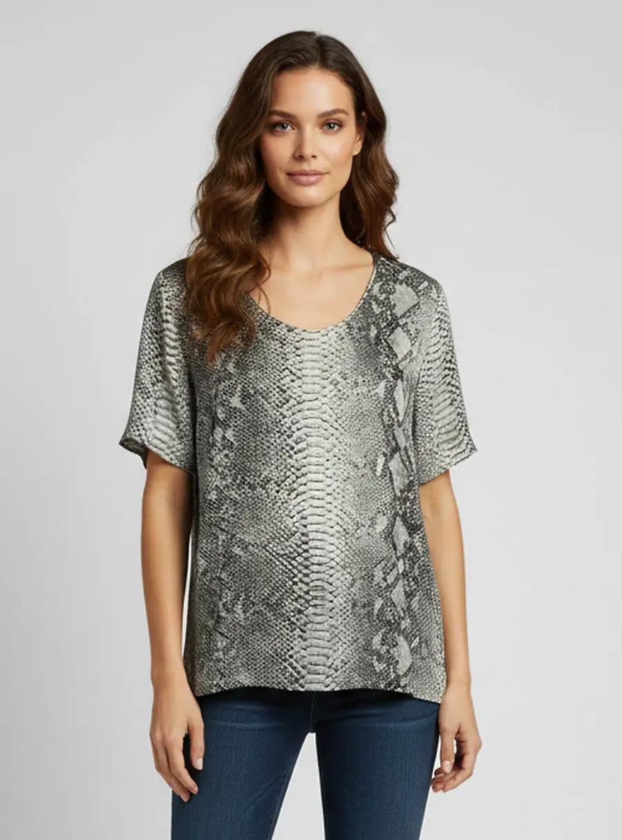 Stella McCartney Grey Snake Print Silk Satin Short Sleeve Top L