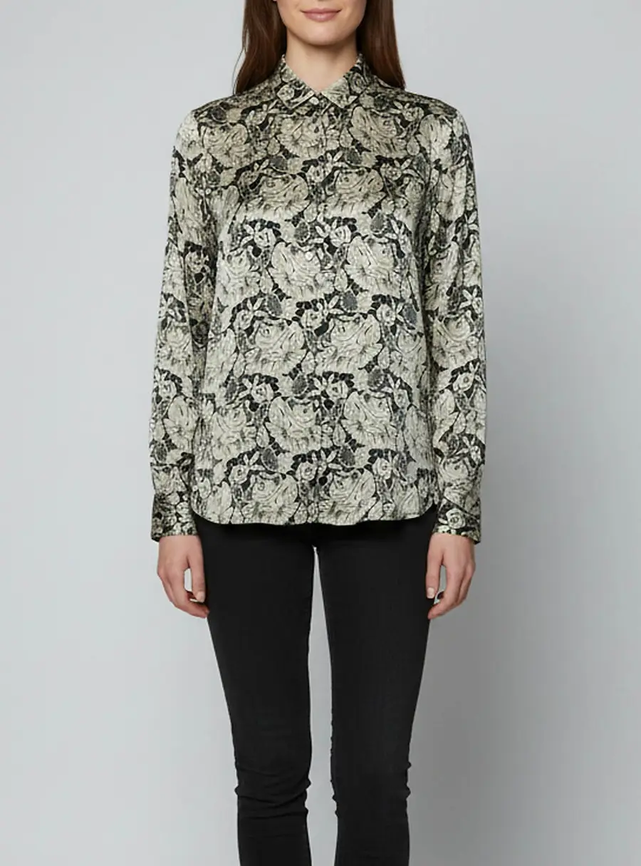 Stella McCartney Black/Ivory Lace Print Silk Long Sleeve Shirt L