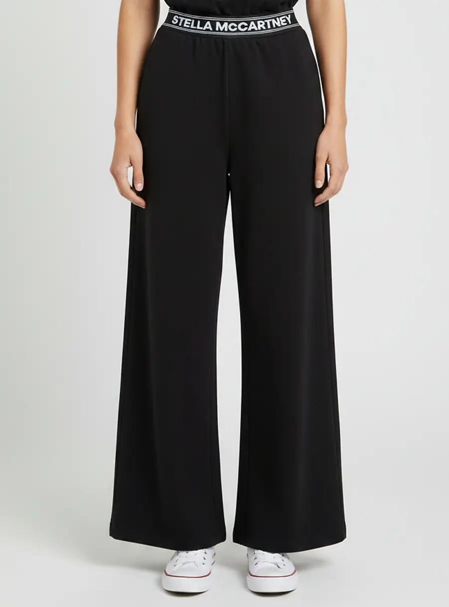 Stella McCartney Black Cotton Logo Band Wide Leg Track Pants L