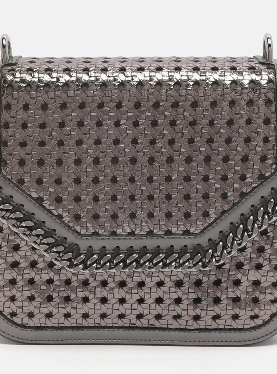 Stella McCartney Metallic Grey Woven Faux Leather Falabella Box Shoulder Bag