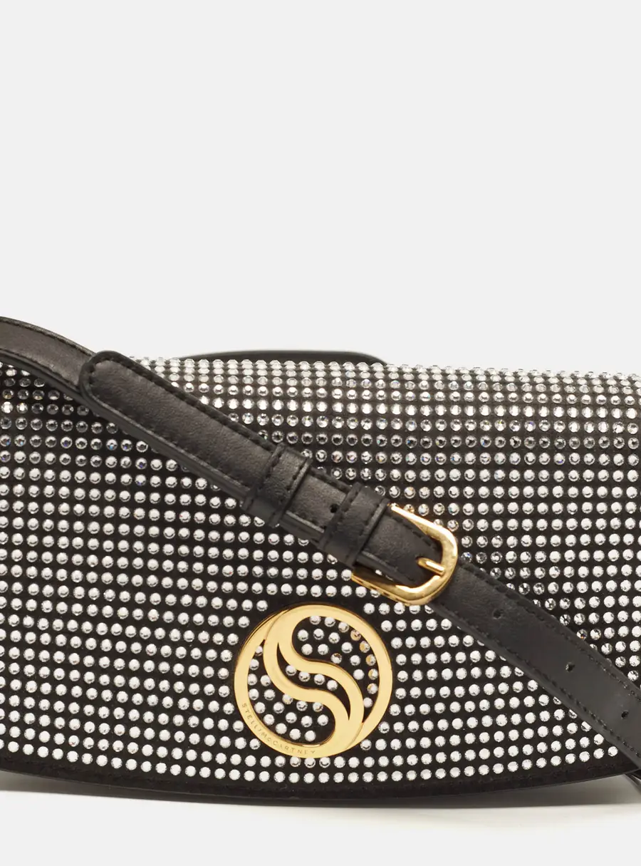 Stella McCartney S-Wave Black Faux Suede and Rhinestone Crossbody Bag