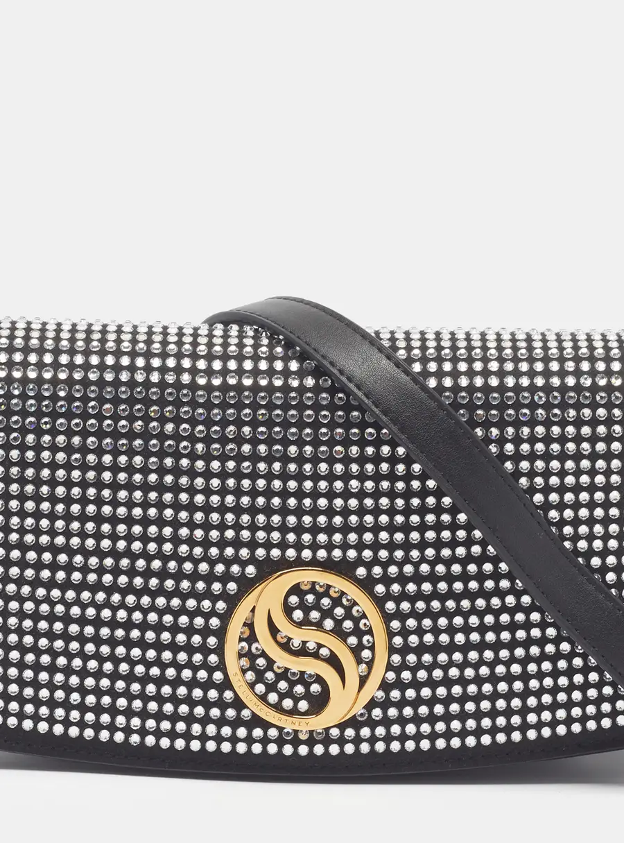 Stella McCartney S-Wave Black Faux Suede and Rhinestone Crossbody Bag