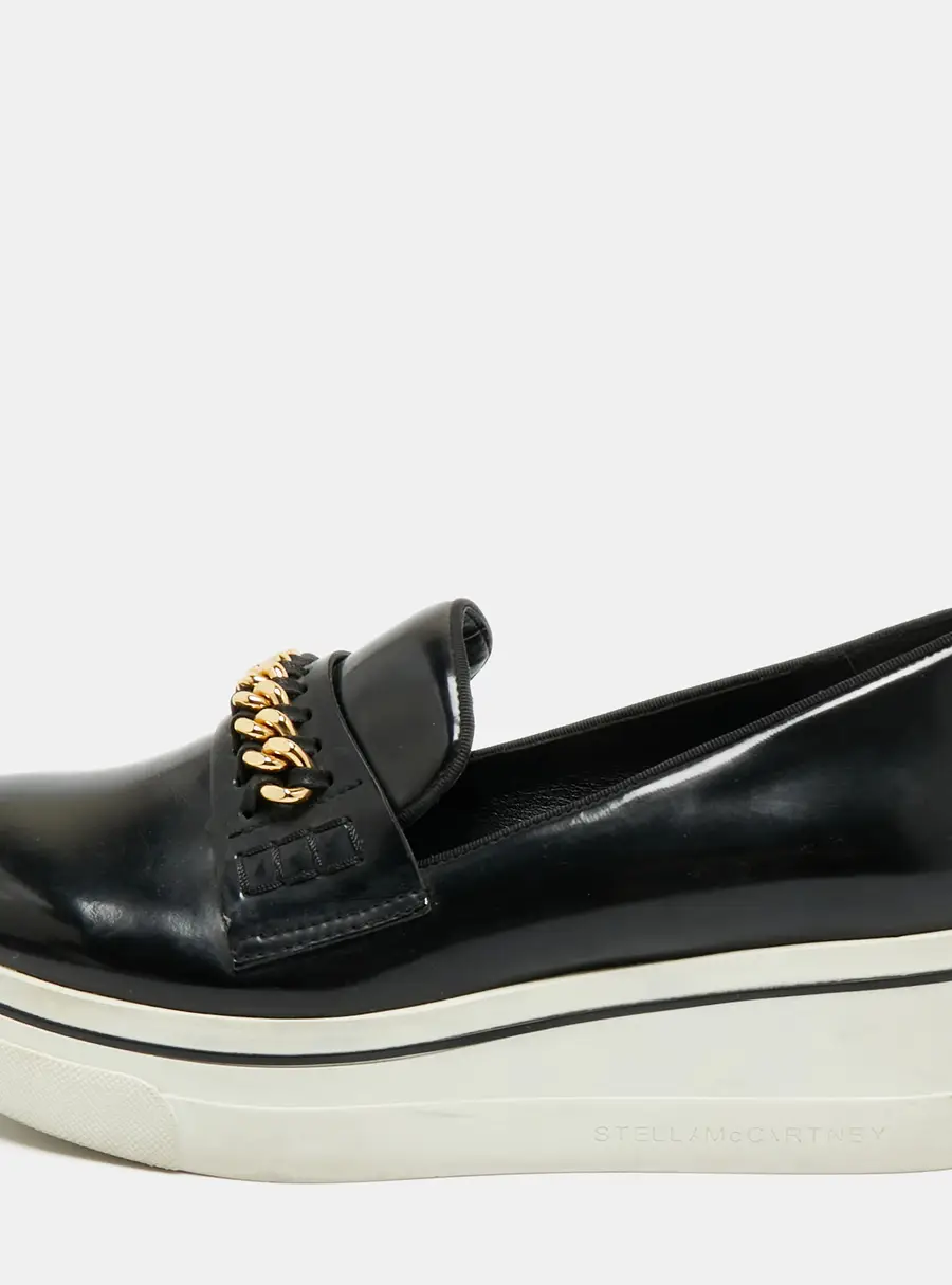 Stella McCartney Black Faux Leather Chain Link Platform Slip On Sneakers Size 38