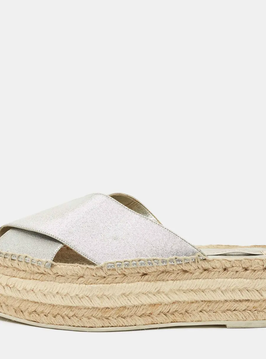 Stella McCartney Silver Faux Leather Crisscross Platform Espadrille Sandals Size 39