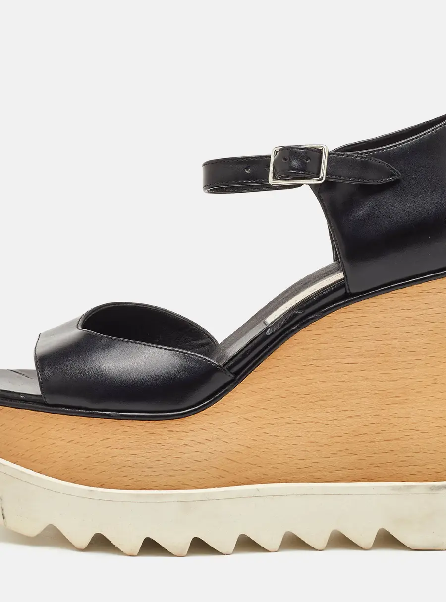 Stella McCartney Elyse Size 37 Black Faux Leather Platform Wedge Sandals