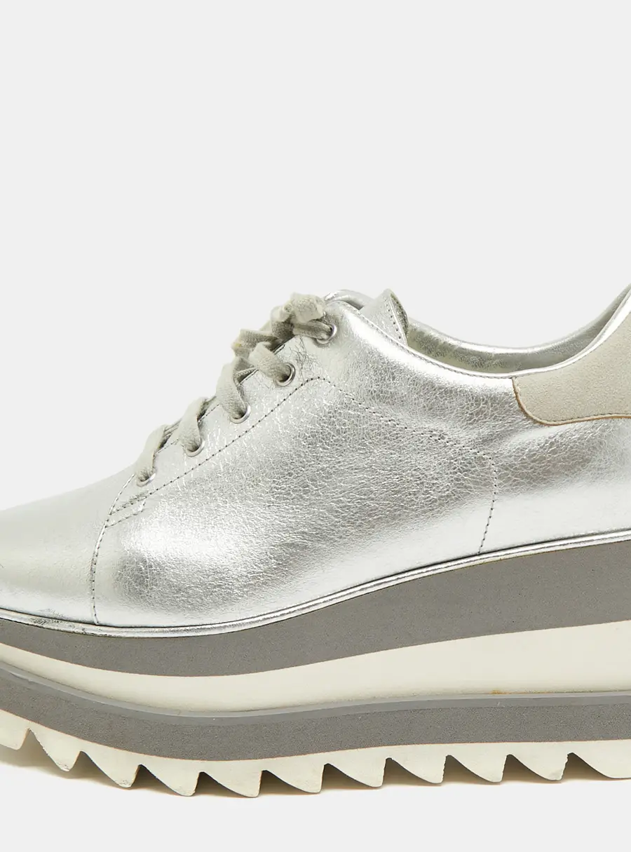 Stella McCartney Elyse Star Size 37.5 Silver Faux Leather and Faux Suede Wedge Sneakers