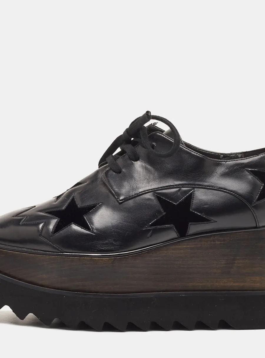 Stella McCartney Elyse Star Size 37 Black Faux Leather and Velvet Platform Derby Sneakers