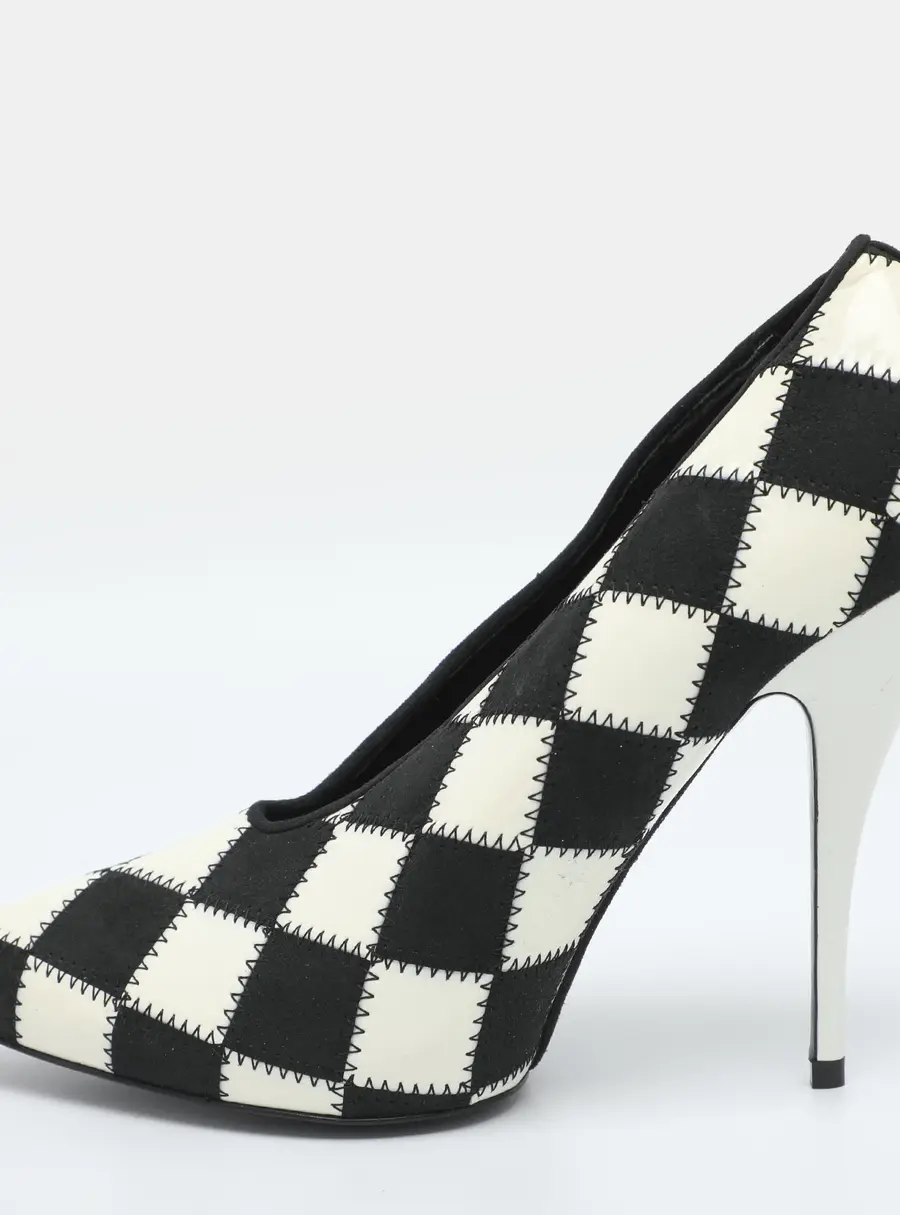 Stella McCartney Size 36.5 Black/White Checkered Faux Patent Leather and Faux Suede Pumps