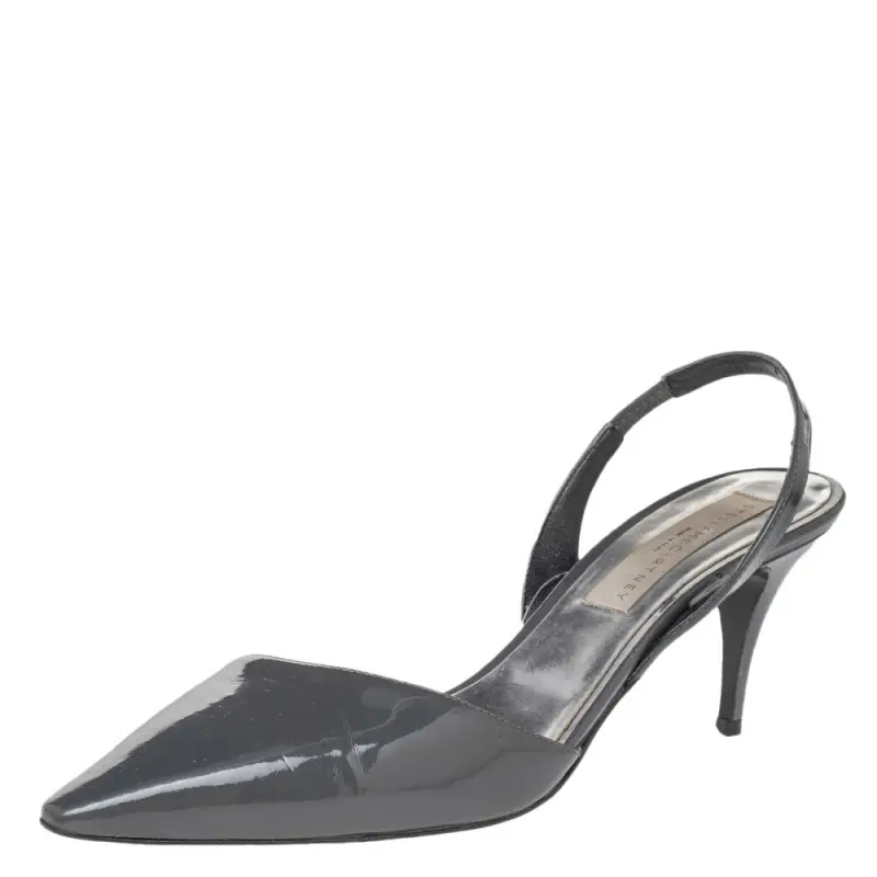 Stella McCartney Dark Grey Faux Patent Leather Slingback Sandals Size 37