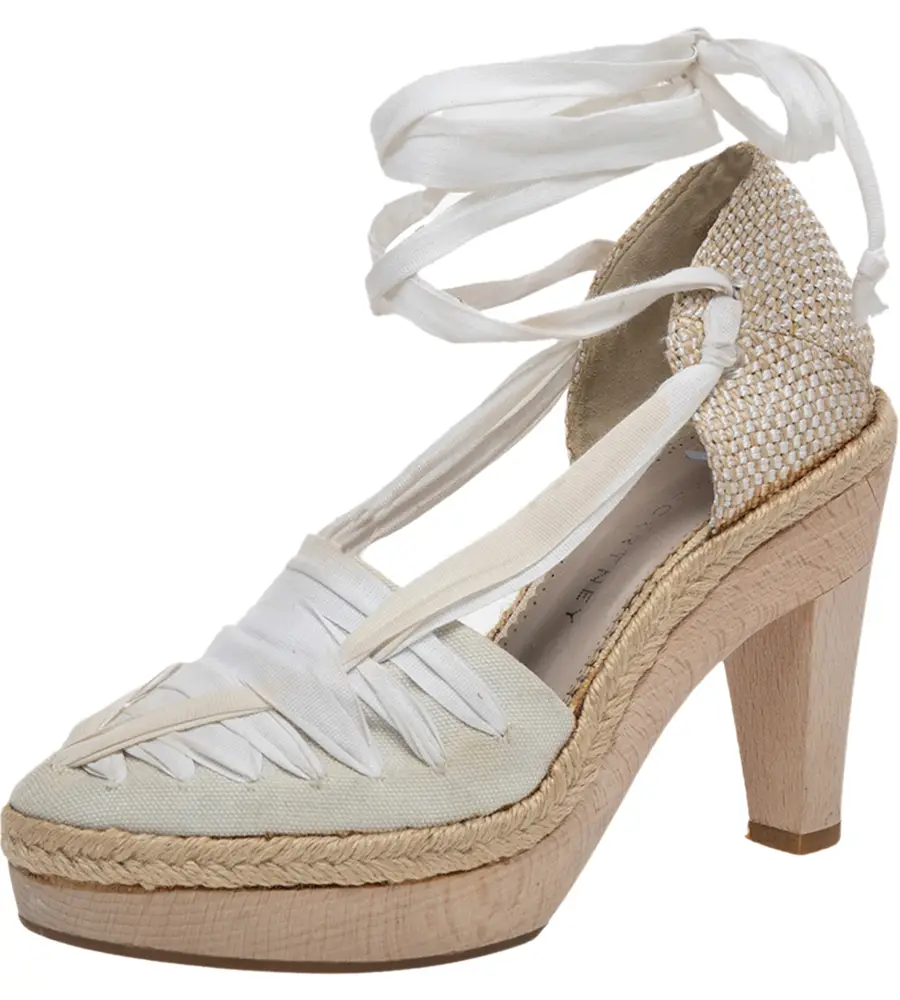 Stella McCartney White Fabric And Canvas Platform Ankle Wrap Pumps Size 37.5