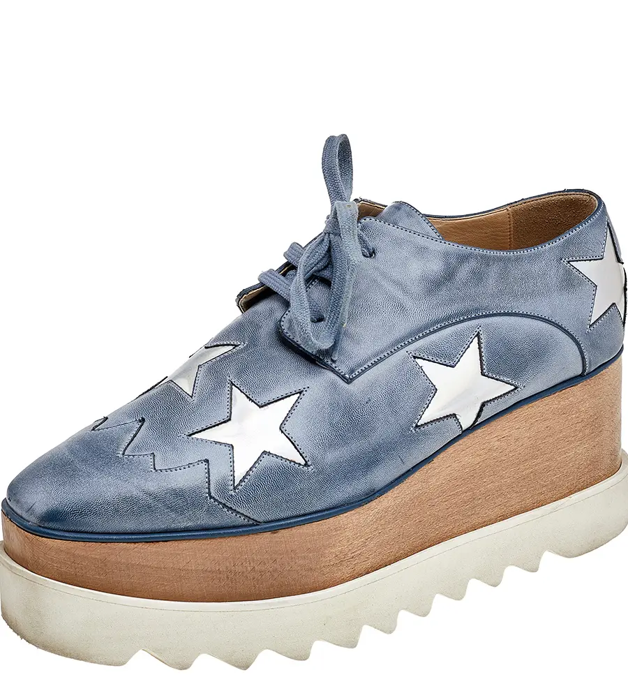Stella McCartney Blue/Silver Faux Leather Elyse Star Platform Lace Up Sneakers Size 39