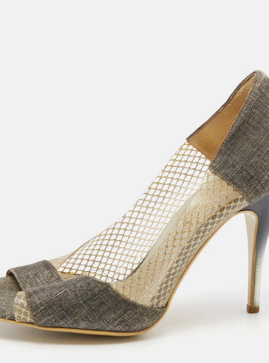 Stella McCartney Grey/Gold Canvas and PVC Peep Toe Pumps Size 36