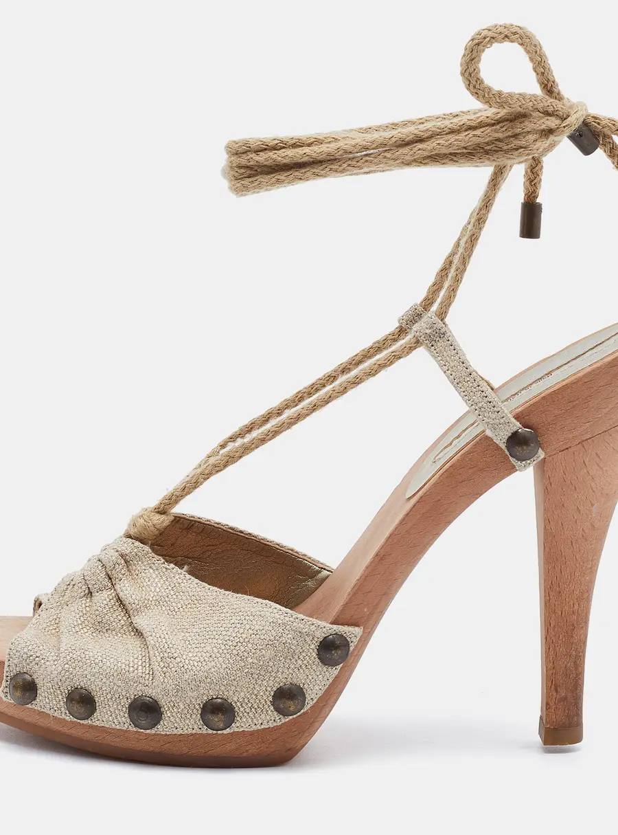 Stella McCartney Beige Fabric Wooden Platform Ankle Wrap Sandals Size 37