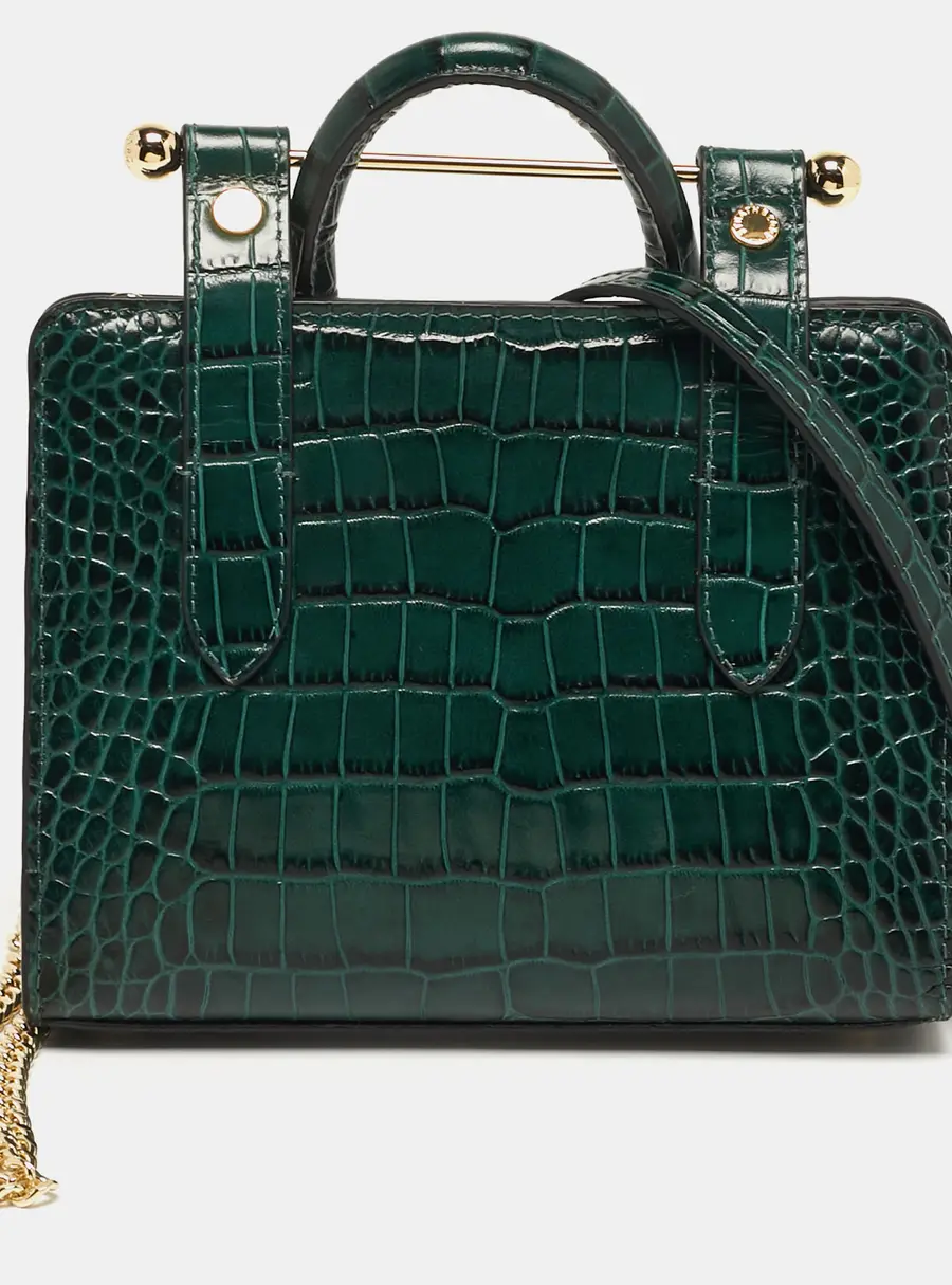 Strathberry Midi Nano Green Croc Embossed Leather Tote