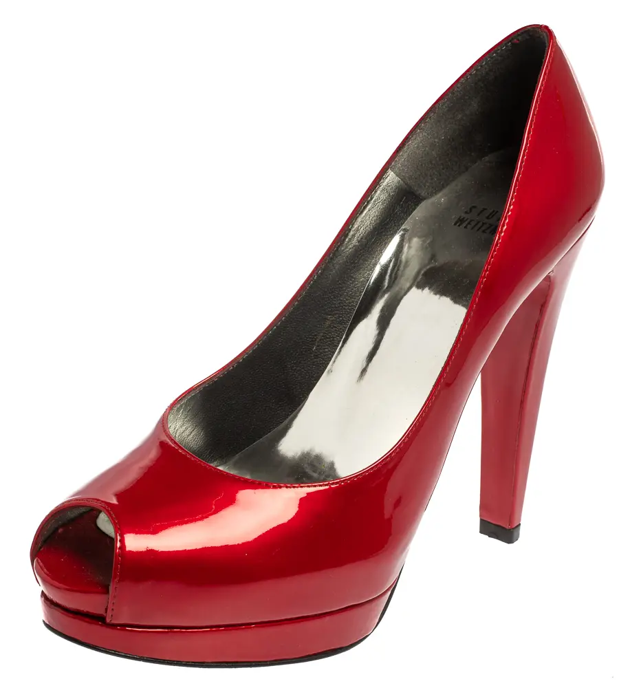 Stuart Weitzman Red Patent Leather Peep Toe Pumps Size 38.5