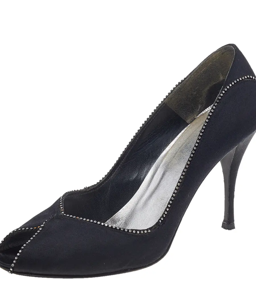 Stuart Weitzman Black Satin Embellished Peep Toe Pumps Size 40