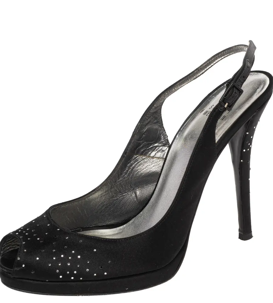 Stuart Weitzman Black Satin Peep Toe Slingback Sandals Size 39.5