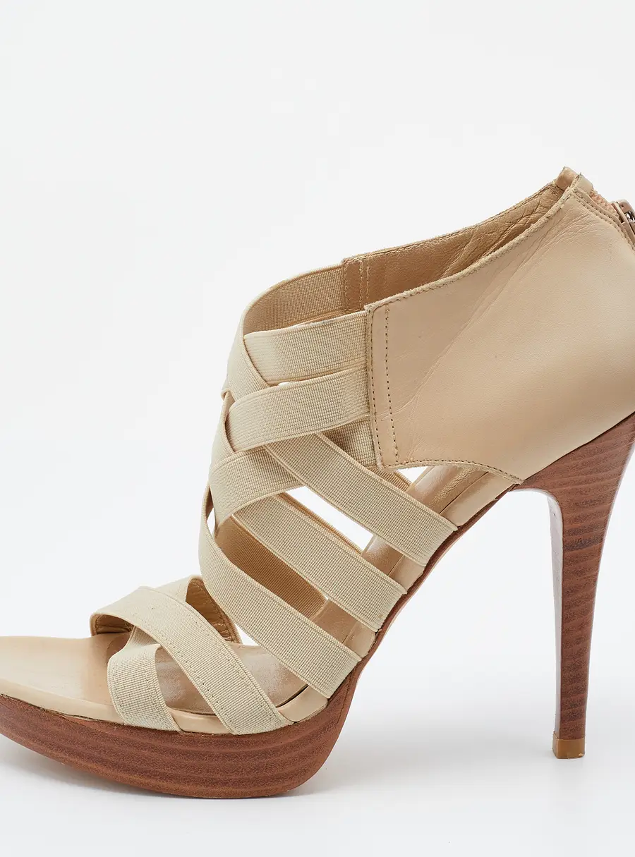 Stuart Weitzman Cream Leather and Elastic Fabric Cross Strap Sandals Size 38.5